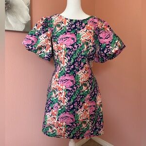 Melloday floral large puffsleeve round neck tie back poplin dress pockets NWT XS